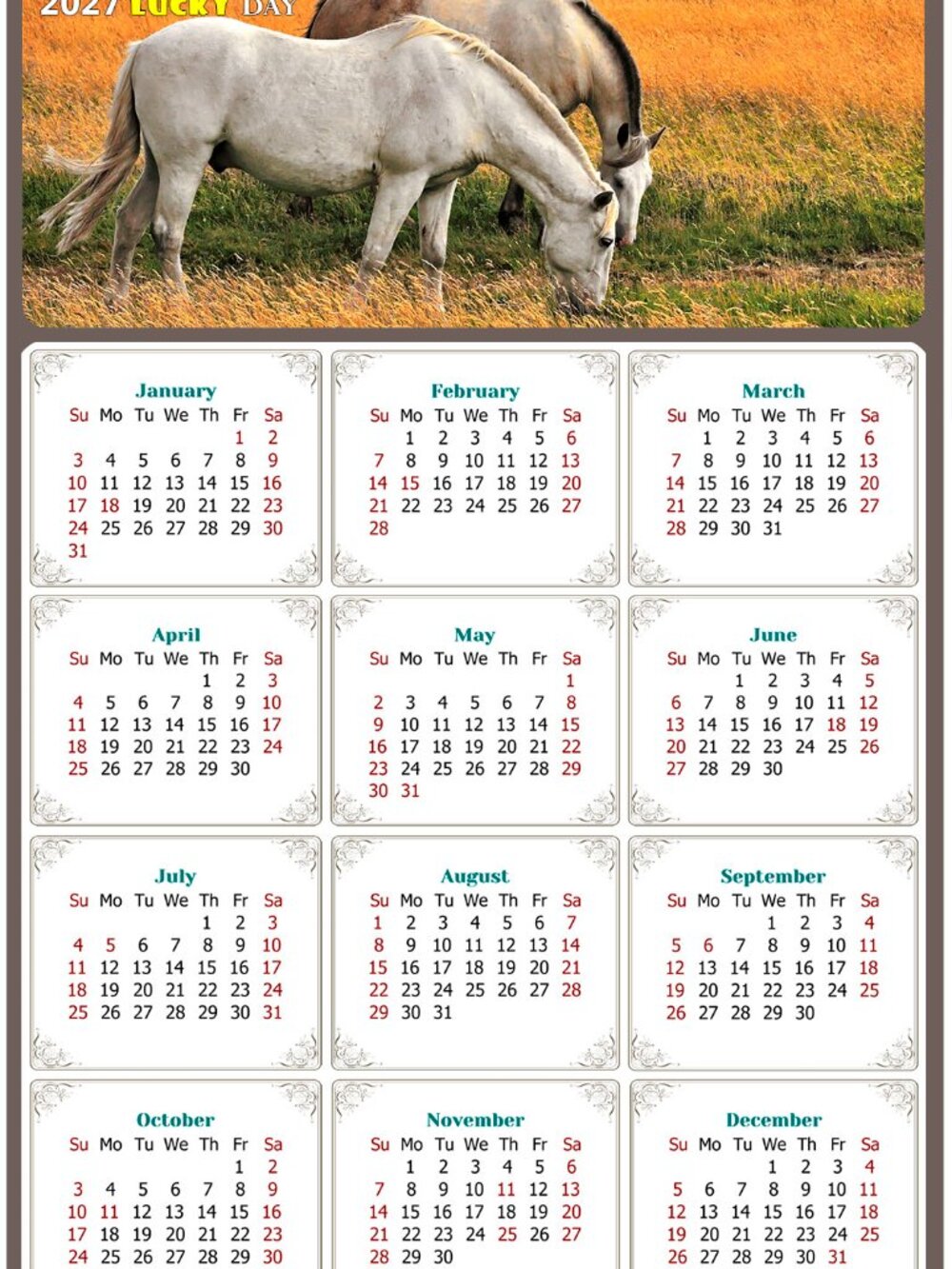 2027 Magnetic Calendar - Today is my Lucky Day - Horses Themed 013 (5.25 x 8)